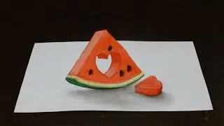 Простой 3Д Рисунок Сердце и Кусочек Арбуза 3D Drrawing