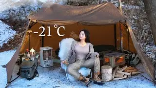 EXTREME COLD -21℃ ❄️ HOT TENT CAMPING IN THE SNOW . CAMPING ASMR .