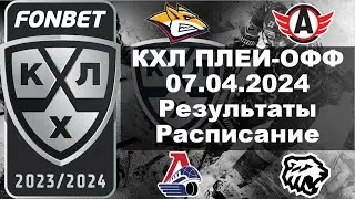 КХЛ 2024 результаты плей офф 07 04 2024, КХЛ плей офф, КХЛ расписание плей офф