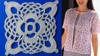 Жакет из квадратных мотивов крючком.