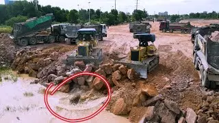 EP15| Strongly Pushing Mountain Stone By Komatsu Dozers And Dump Trucks Teams Working Hard To Fill