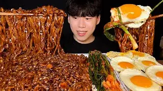 SUB) Korean spicy black bean noodles & fried egg & green onion kimchi eating show