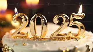 Golden numbered candles burning on birthday cake celebrating the year 2025
