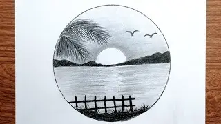 Easy circle landscape drawing| How to Draw Sunset Scenery with Pencil Sketch