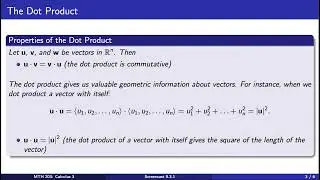 Screencast 9.3.1 Introduction to the dot product, the angle between two vectors, and orthogonality