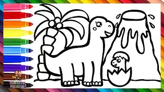 Dibuja y Colorea A Una Dinosaurio Con Su Bebé 🌴🦕🥚🌋🌈 Dibujos Para Niños