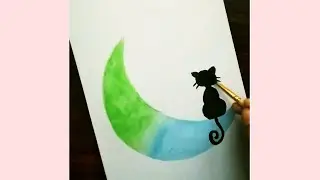 Moon Watercolor Painting || Moon and Cat Painting #painting #moon #moonpainting #watercolor #colors