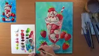 Как нарисовать мороженое. Рисуем мороженое с клубникой. Акрил