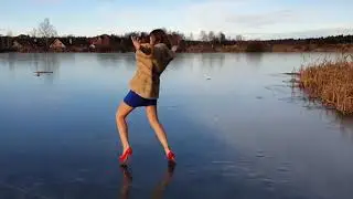 Sexy Girl in skimpy dress and high heels TRIPS & FALLS on ice (frozen lake) - courtesy of fetishchel