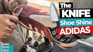 🔪🔪 KNIFE Suede Shoes 💖💖 Shoe Shine ASMR Suede - RED Adidas Sneakers #asmr shoe collection