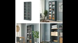 #IKEA #BILLY Bookcase with glass doors, gray-turquoise/white stained oak veneer for Shoe Storage