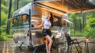 ☔HEAVY RAIN CAMPING IN A LUXURY CYBER CARAVAN