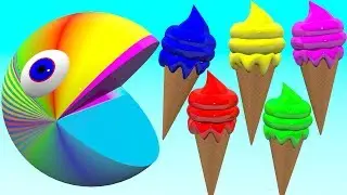 Learn colors with Pac Man eating Cone Ice Cream 3D Animation for kids children and toddlers