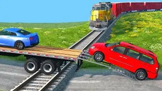 Flatbed Transport Truck Rescue Stuck Cars - Cars vs Rails and Deep Water - BeamNG.drive