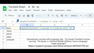 Google Sheets - Translation Feature for Vocab silent video