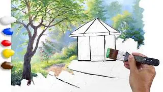 How to Paint White Cottage in the Garden in Acrylics / Time-lapse / JMLisondra