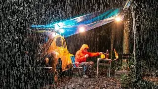 Solo Camping With Heavy Rain in The Forest - Relaxing Rain Sounds Under The Shelter