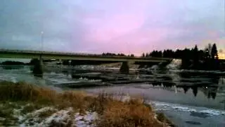 Ice floating down the river in the centre of Savukoski, Finland.