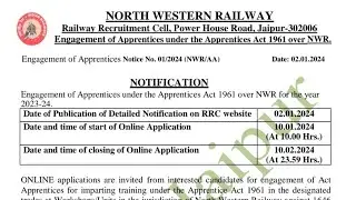 RRC, North Western Railway Jaipur ITI Apprentice Recruitment 2024 – Apply Online for 1646 Posts ।।