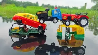New Red Mahindra Tractor, Auto, Taxi, Truck Accident Water River Pulling Out Video | New Cartoon Jcb