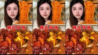 Immersive eating of fried chicken 