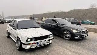 Man on BMW E30 vs. Mustang, Infiniti Q60, BMW 535D, Camry 3.5