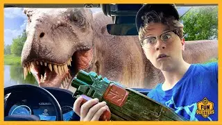 Giant Jurassic Park T-Rex & Raptor Dinosaurs Chase LB & Aaron the FunQuesters in Dino Fan Film