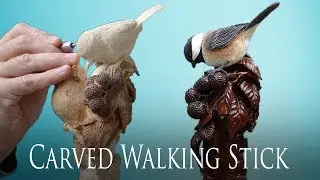 Wood Carved Chickadee and Blackberry Bramble Walking Stick