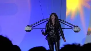 Suzi Perry gets stuck in the air in her hot leather catsuit
