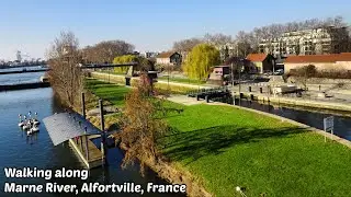 Walking along Marne River, Alfortville, France. Spring Season 2021.