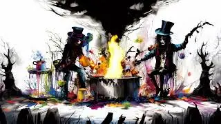 WITCHES PLAYING MUSIC AND COOKING UP A MAGIC POTION