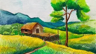 How to Draw Scenery of Jum Ghor Step By Step | Pahari Drishya | Village Scenery Drawing |
