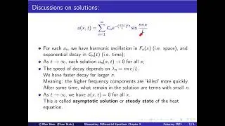 V9-3: Heat equation, solution properties, faster damping of high frequencies.  Elementary Diff Eqns