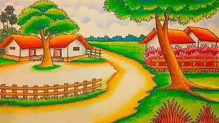 How to draw easy scenery drawing beautiful village landscape scenery | village house drawing easy