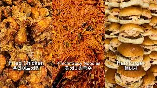 🥕ASMR MUKBANG🥕Crispy Fried Chicken, Mini Burger, Kimchi Noodle & Kimchi Korean Office Worker!Eating