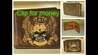 Clip for money! Leather wallet Purse with a skull  Handmade  Stamp  embossing