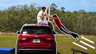 Diving Through a Hoop on top of a MOVING CAR!