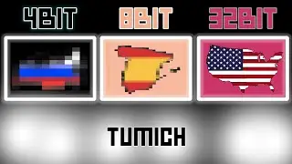 Flag USA, Spain, France,  Russia, each time with more bits, 4bit, 8bit, 16bit, 32bit