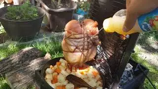 Hanging roast chicken, with potatoes, the tastiest chicken I've ever tasted!