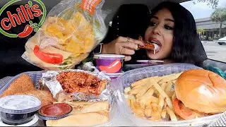 CHILI'S MUKBANG! Triple Dipper (Fried Mozz, Honey Chipotle Crispers, Eggrolls) Burger + Chips