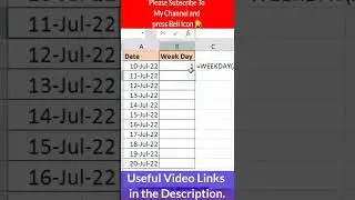 weekday Formula in excel  || Excel Tips and Tricks || MY Excel Tutor || Subscribe Now