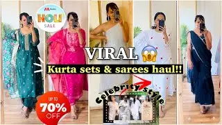 Trendy Myntra Festive Kurta sets & sarees Haul under 2k for HOLI 2024| English Subtitles 🌈