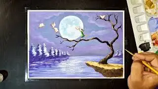 How to draw easy beautiful moonlight painting tutorial