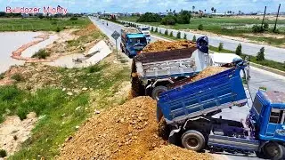 Wonderful Bulldozer KOMATSU D31P, Processing Filling Up The Land huge, Dump Truck 5Ton Unloading