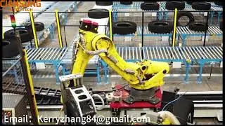 Robots automatically carry and transport tires.