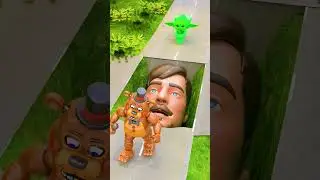Characters Crossing Giant Pit with MrBeast over Sliding Bridge