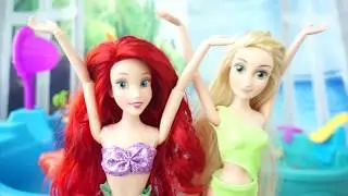 Rapunzel Ariel Baby Elsa Bikini Pool Party Barbie Morning routine Pink Doll House باربى روتين صباحى