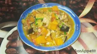 Delicious and light dinner in a frying pan of meat, pumpkin and vegetables