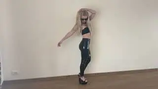 Shankless High Heel Wedges, Black Vinyl Leggings & Black Crop Top Outfit