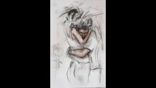 Объятия. Картина углем. Холст на подрамник. Вольная копия картинки из интернета